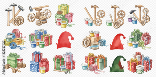 Watercolor illustration of Christmas workshop elements including wooden toys, wrapped gifts, craft supplies, and elf hats.