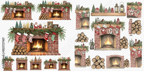 Watercolor Christmas fireplace illustrations with festive decorations, stockings, garlands, and firewood stacks, perfect for holiday designs.