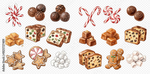 A delightful assortment of festive Christmas and holiday sweets, including candy canes, chocolate truffles, fruitcake, caramels, gingerbread cookies, and marshmallows.