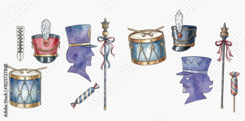 Watercolor illustration of nutcracker and toy soldier elements including drums, hats, staffs, and profiles, perfect for holiday designs.