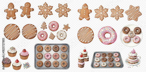 A collection of various festive and sweet baked goods including gingerbread cookies, frosted donuts, cupcakes, and other desserts.