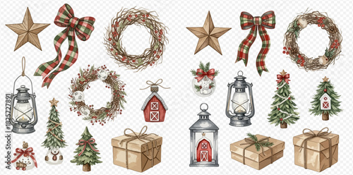 Rustic Christmas decorations collection with stars, plaid bows, wreaths, lanterns, gift boxes, and small trees.