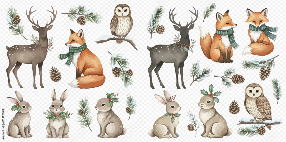 Naklejka premium Watercolor illustration set of various forest animals and winter foliage elements.