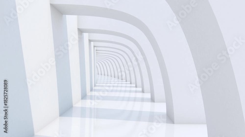 Empty long corridor with sunlight and shadow. White tunnel background. 4K 3D animation rendering