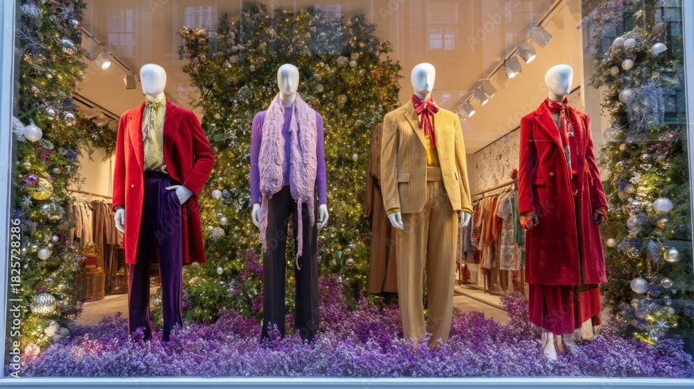 Naklejka premium Mannequins stand gracefully in a shop window, displaying luxurious coats and attire against a backdrop of festive greenery and colorful flowers