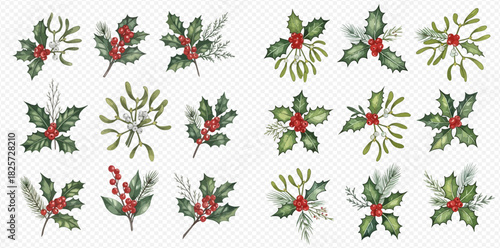 Watercolor collection of festive Christmas holly and mistletoe arrangements with red berries and green leaves, perfect for holiday designs.