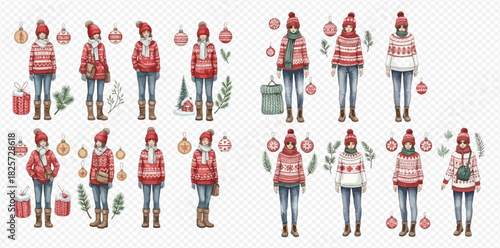 A collection of watercolor illustrations featuring young women in festive red winter clothing with Christmas decorations.