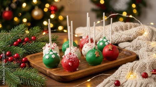 Christmas cake pops with festive icing and candy decorations