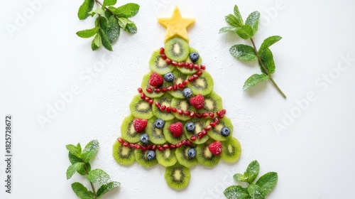 Christmas tree fruit platter with kiwi, berries, and pomegranate