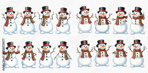 A collection of cartoon snowmen wearing top hats and scarves, featuring various poses and expressions, on a transparent background.