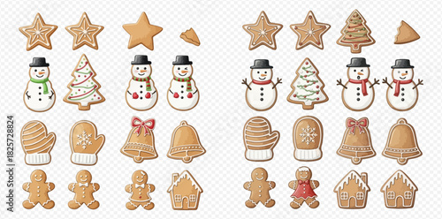 Assortment of traditional holiday gingerbread cookies including stars, snowmen, trees, mittens, bells, gingerbread men, and houses.