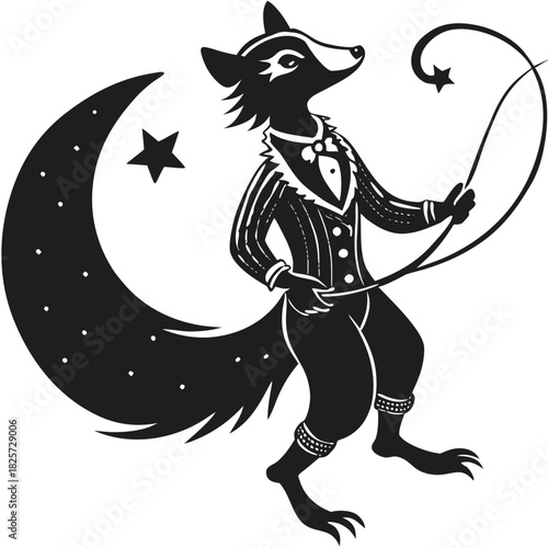 Elegant anthropomorphic fox in tuxedo with moon and stars art