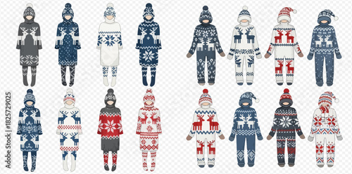 Collection of various Nordic and Fair Isle patterned winter sweaters, hats, and outfits featuring snowflakes, reindeer, and geometric designs.