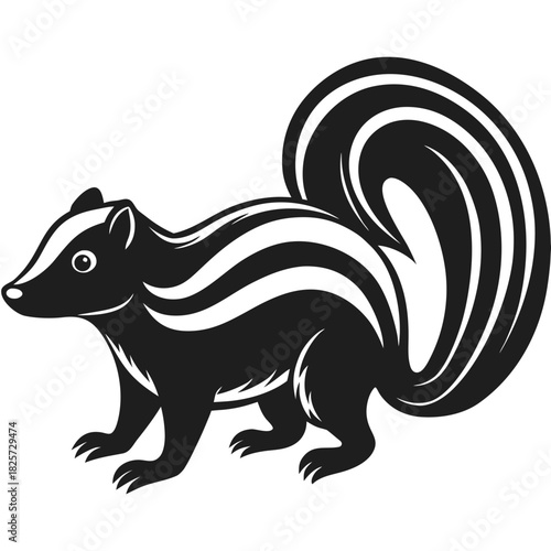 Cartoon skunk with black and white stripes, bushy tail, cute design