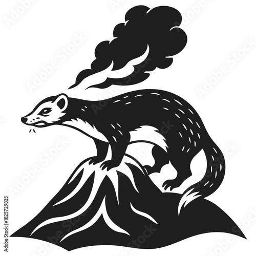 Weasel-like animal on smoking volcano emblem vector graphic design