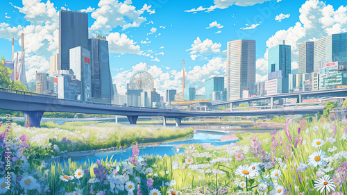 桜と高層ビルが織りなす都市の春イメージ｜新年度や引っ越し、ビジネスシーンに最適な春の風景素材｜背景、桜並木、春爛漫、街の風景、都市生活、季節の移ろい