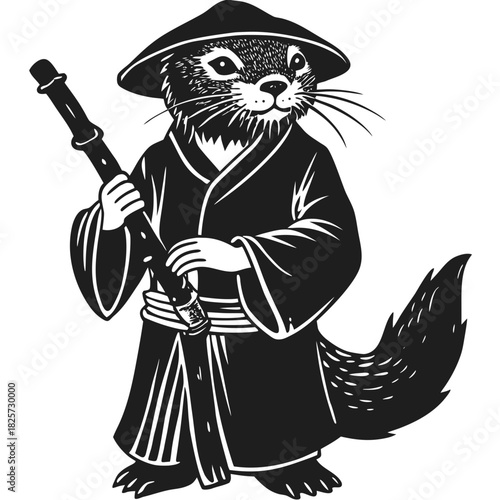 Otter samurai in conical hat and robe with staff illustration