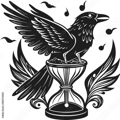 Raven on hourglass with musical notes, abstract graphic design