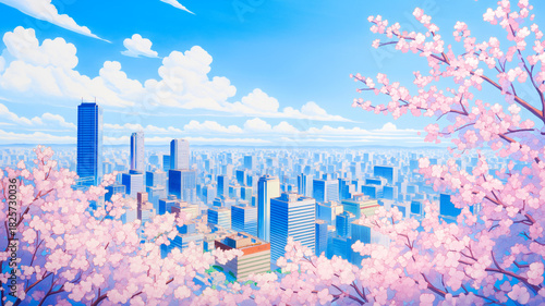 都会のビル群と春満開の桜が調和した風景イラスト｜自然と都市の融合、春、桜通り、新年度、春色背景、通勤風景、風景素材、花景色、春の彩り、街の桜、爽やか春景