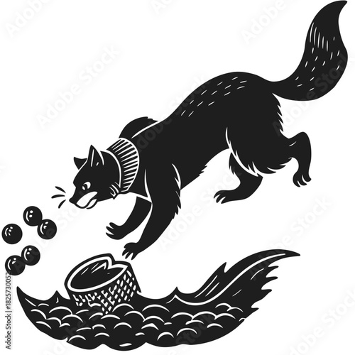 Stylized black animal sniffing berries near textured base woodcut.