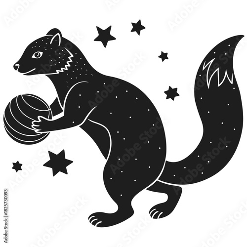 Stylized ferret holding striped ball with stars, simple graphic