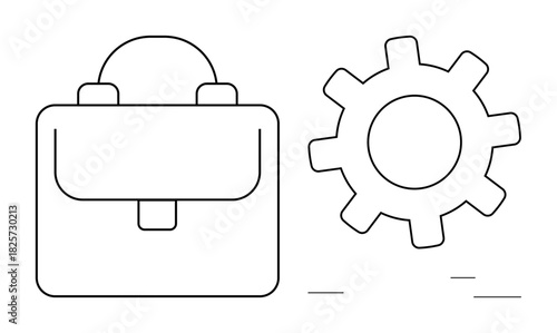 Briefcase and gear wheel line art symbolize organization, efficiency, and collaboration. Ideal for business, teamwork, workflow, strategy, system, productivity simple flat metaphor
