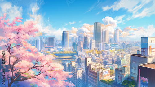 桜が舞う都市の風景イラスト素材｜春の空とビル群が織りなす情景｜桜並木、春、オフィス街、街路樹、風景画、花咲く季節、都市と自然、春爛漫、ビジネス街、春風、春の街角