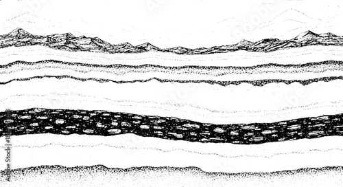 Abstract geological strata layers cross section monochrome sketch.