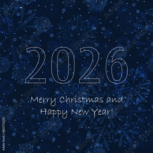 2026 happy new year. merry christmas. white text on blue winter repetitive background with snowflakes. vector illustration. festive template on seamless pattern for greeting card, banner, invitation