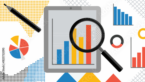 Illustration showing a tablet with bar graph, magnifying glass, and various data visualizations around