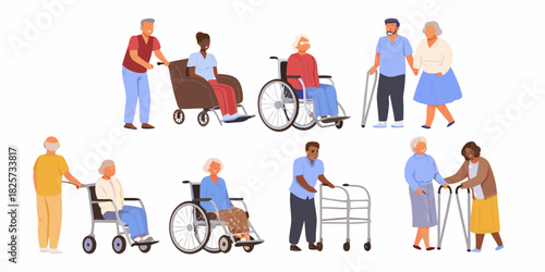 Diverse senior citizens using mobility aids and receiving assistance