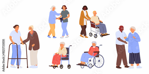 Diverse caregivers assisting elderly people with mobility issues in various settings