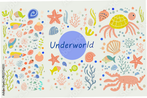 Colorful underworld illustration with sea creatures and plants on light background