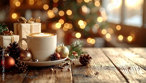 冬のカフェ　クリスマスデコレーションとカフェラテのアップ