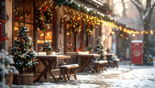 クリスマスのおしゃれなカフェ 雪景色の外観