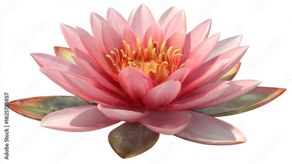 Obraz premium A stunning pink lotus flower blooms gracefully revealing its soft petals and golden stamen. This natural beauty embodies tranquility in a peaceful pond environment.