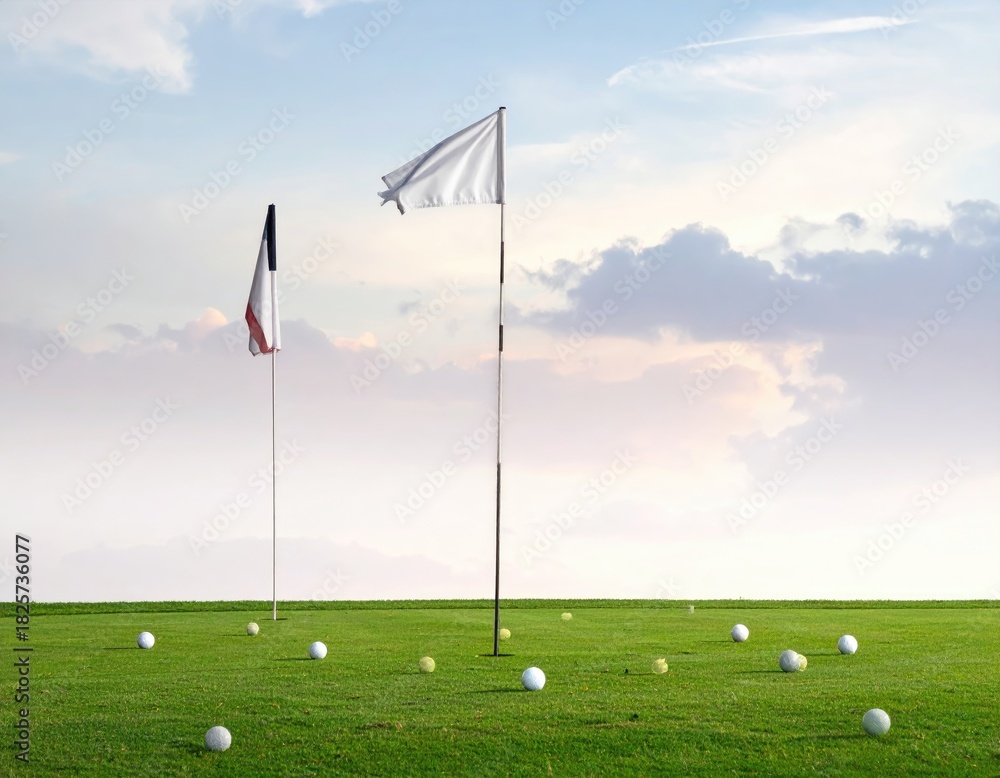 Obraz premium Golf balls on green field, two flags, serene sky