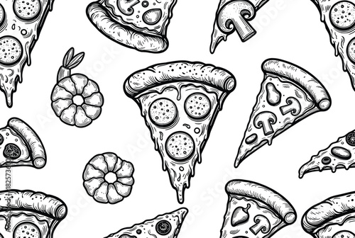 Black and white pizza slices and toppings pattern pepperoni