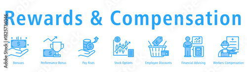 Rewards & Compensation Web Banner Blue icon vector illustration concept with icon of bonuses, performance bonus, pay rises, stock options, employee discounts and financial advising