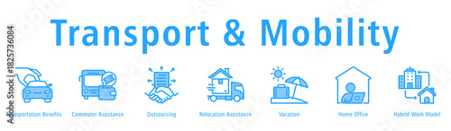 Transport & Mobility Web Banner Blue icon vector illustration concept with icon of transportation benefits, commuter assistance, outsourcing, relocation assistance, vacation and home office