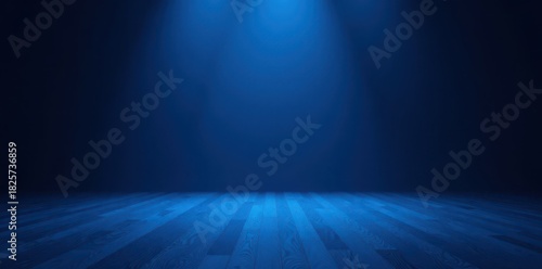 Dark blue stage, single spotlight on empty floorboards, empty, spotlight