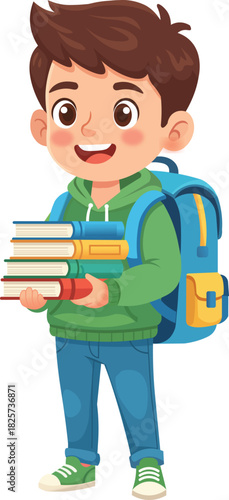 School Boy holding books with backpack Education art 