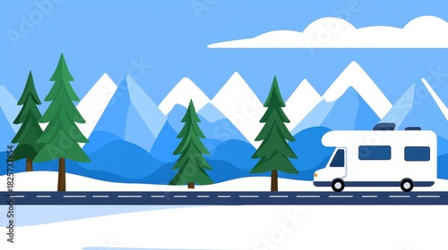 A white RV travels down a snowy road, passing by a forest of evergreen trees and majestic mountains.
