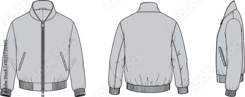 Men's bomber jacket technical sketch, grey vector illustration, front back and side view, fashion design template, blank apparel mockup