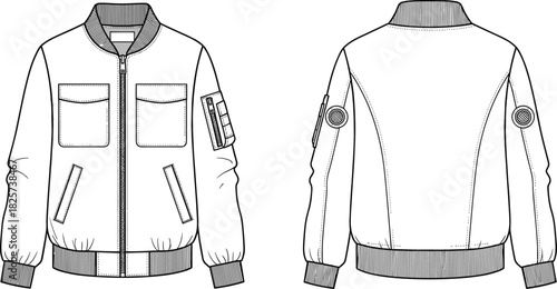 Men's bomber jacket technical sketch, utility pocket flight coat vector, front and back view, fashion design template, blank mockup