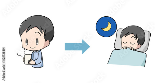 温かい飲み物を飲んでよく眠れた男性のイラスト