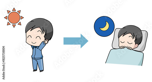 太陽の光を浴びてよく眠れた男性のイラスト