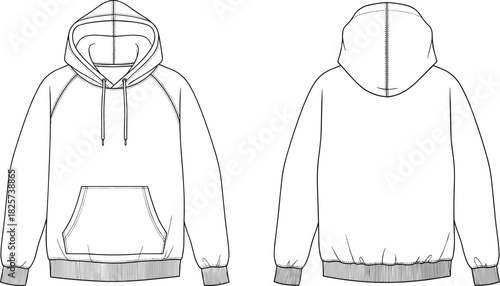 Men's hoodie technical sketch, raglan sleeve sweatshirt vector, front and back view, fashion design template, flat drawing, blank mockup
