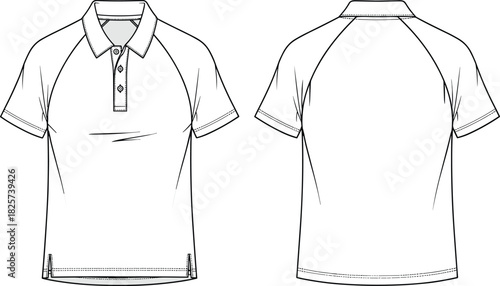 Men's polo shirt, raglan sleeve technical sketch, front and back view, fashion vector illustration, apparel design template, blank mockup