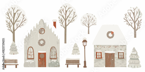 Winter village illustration with houses trees benches and snow